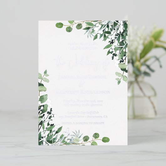 Invitation En Aluminium Elégant Mariage Eucalyptus Argent (Debout devant)