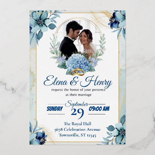 Invitation En Aluminium Élégant mariage Fleur sauvage bleu (Recto)