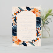 Invitation En Aluminium Élégant Mariage floral bleu marine et orange brûlé (Debout devant)