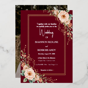 Invitation En Aluminium Élégant mariage floral bordeaux et argenté