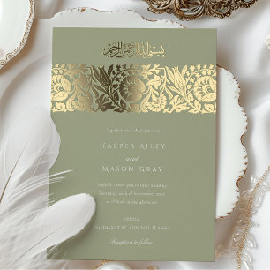 Invitation En Aluminium Élégant Mariage Floral Islamique Gold Sage Vert
