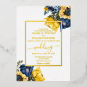 Invitation En Aluminium Élégant Mariage floral jaune et bleu (Recto)