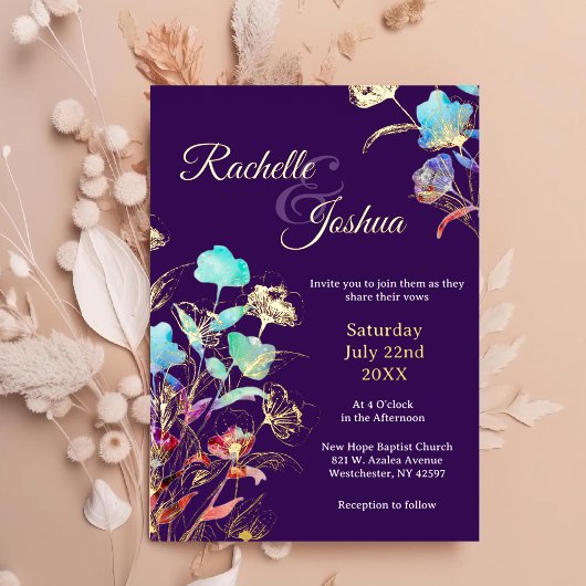 Invitation En Aluminium Élégant Mariage floral violet profond et or