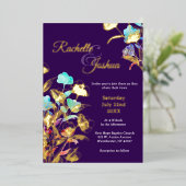 Invitation En Aluminium Élégant Mariage floral violet profond et or (Debout devant)