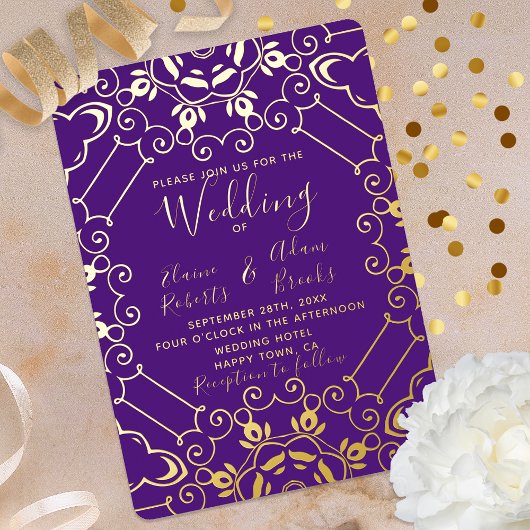 Invitation En Aluminium Élégant Mariage Foil Gold Et Purple