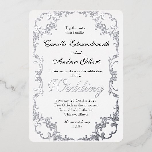 Invitation En Aluminium Élégant Mariage frontalier Argent (Recto)