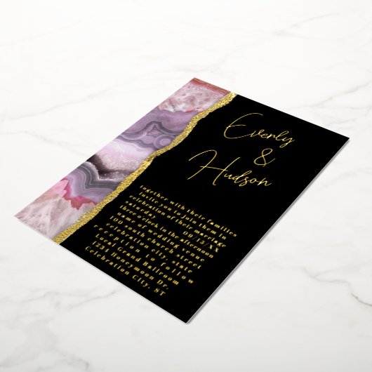Invitation En Aluminium Élégant Mariage Galaxy Géode Rose & Or (Rotation)