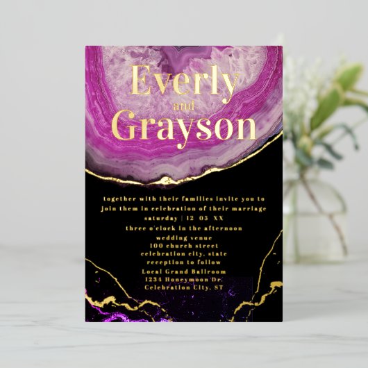 Invitation En Aluminium Élégant Mariage Géode Rose & Or Foil Invitati (Debout devant)