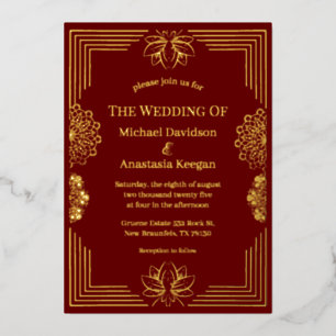 Invitation En Aluminium élégant mariage géométrique indien or rouge modern