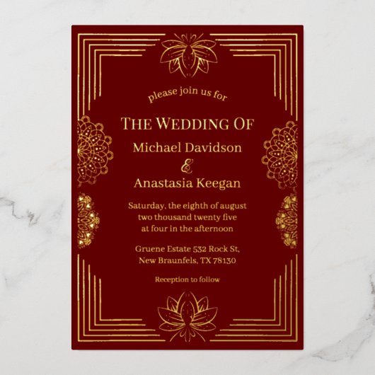 Invitation En Aluminium élégant mariage géométrique indien or rouge modern (Recto)