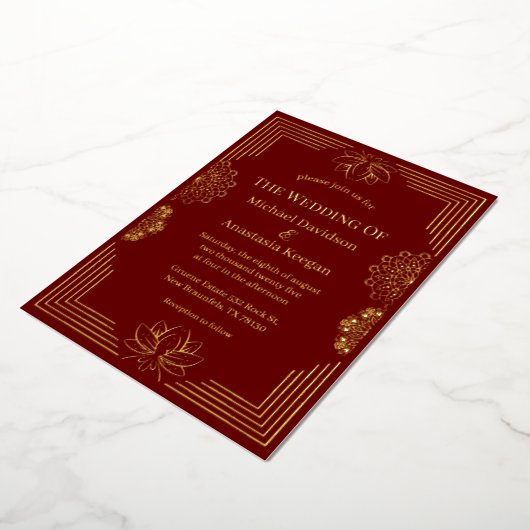 Invitation En Aluminium élégant mariage géométrique indien or rouge modern (Rotation)