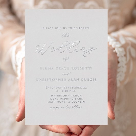 Invitation En Aluminium Élégant Mariage gris script argent