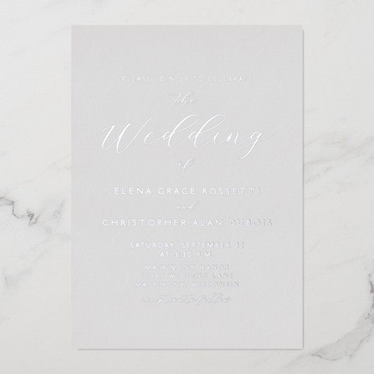 Invitation En Aluminium Élégant Mariage gris script argent (Recto)