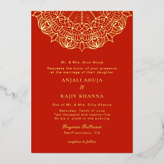 Invitation En Aluminium Élégant mariage indien Mandala rouge et or (Recto)