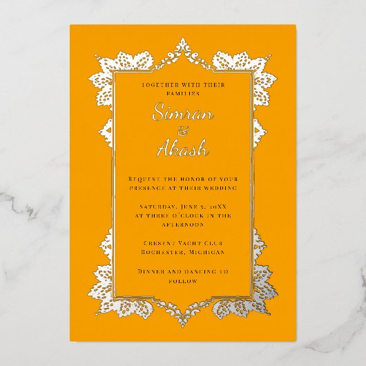 Invitation En Aluminium Élégant mariage indien orange et argent (Recto)