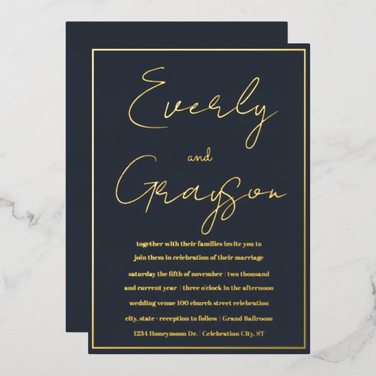 Invitation En Aluminium Élégant Mariage Indigo Blue & Gold (Recto/Verso)