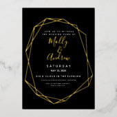 Invitation En Aluminium Elégant Mariage moderne géométrique noir & or (Recto)