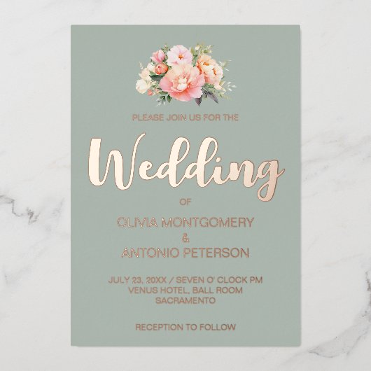 Invitation En Aluminium Élégant Mariage moderne rose Peony (Recto)