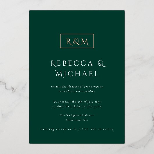Invitation En Aluminium Élégant Mariage Monogramme Emerald Green (Recto)