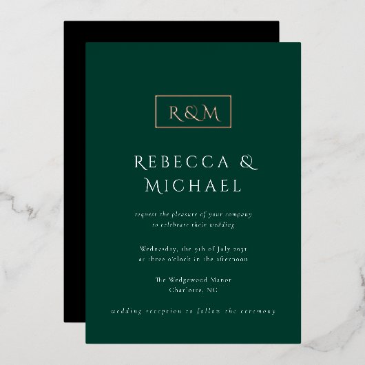 Invitation En Aluminium Élégant Mariage Monogramme Emerald Green (Recto/Verso)