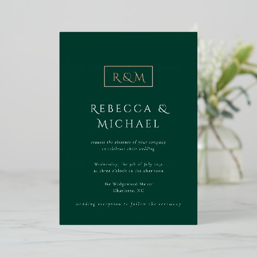 Invitation En Aluminium Élégant Mariage Monogramme Emerald Green (Debout devant)