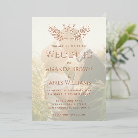Invitation En Aluminium Élégant mariage Monogramme Feuilles Photo transpar (Debout devant)