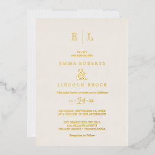 Invitation En Aluminium Élégant Mariage Monogramme Ivoire Feuille D'Or