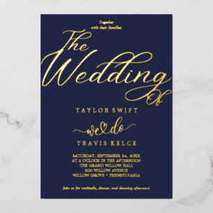 Invitation En Aluminium Élégant mariage Navy & or feuille