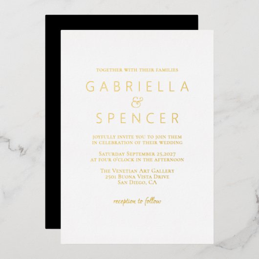 Invitation En Aluminium Élégant Mariage noir blanc or moderne (Recto/Verso)