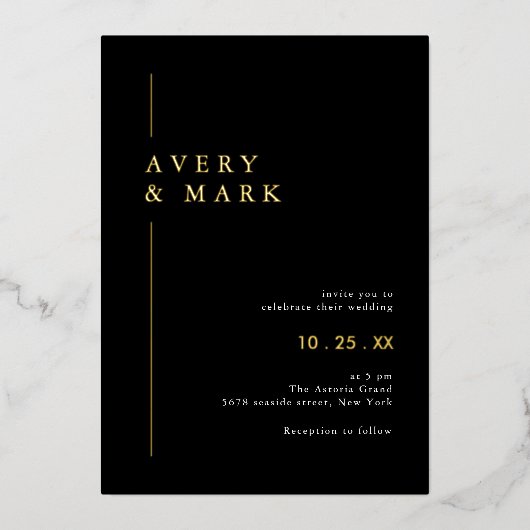 Invitation En Aluminium Élégant Mariage Noir Et Or (Recto)