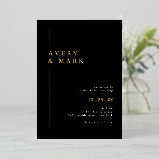 Invitation En Aluminium Élégant Mariage Noir Et Or (Debout devant)