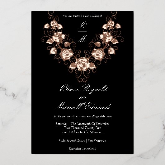 Invitation En Aluminium Élégant Mariage noir et Rose or (Recto)