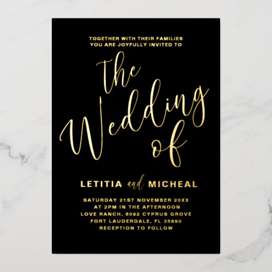 Invitation En Aluminium Élégant Mariage noir & or (Recto)