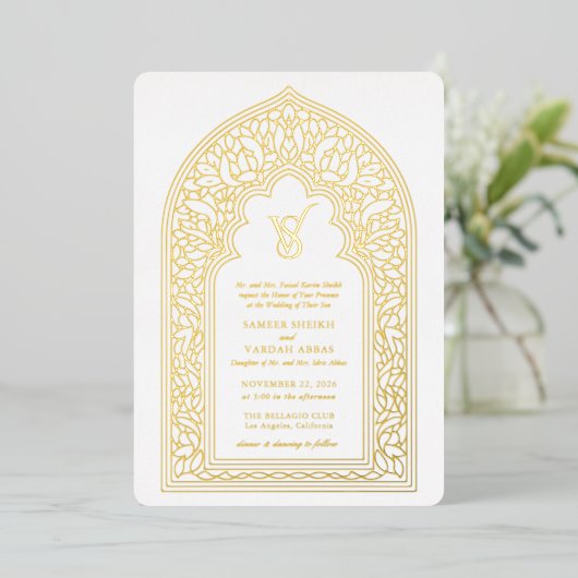 Invitation En Aluminium Elégant Mariage or Arabesque (Debout devant)