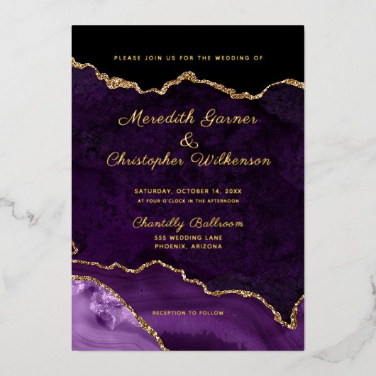 Invitation En Aluminium Élégant Mariage or d'agate violet (Recto)