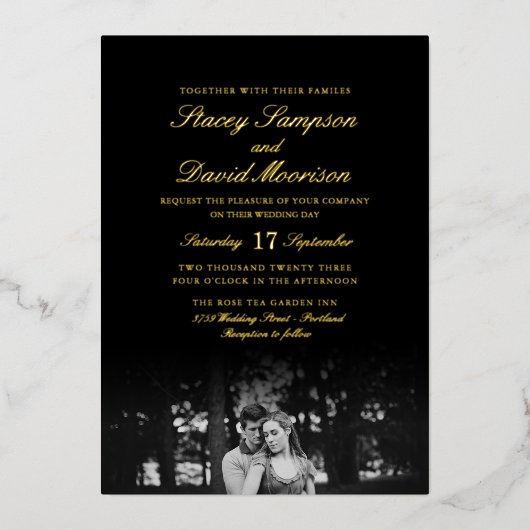 Invitation En Aluminium Élégant Mariage Photo Avec Véritable Or (Recto)