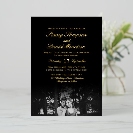 Invitation En Aluminium Élégant Mariage Photo Avec Véritable Or (Debout devant)
