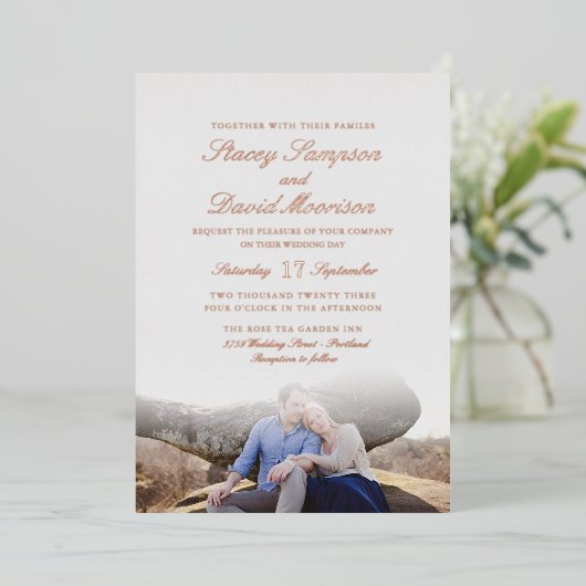 Invitation En Aluminium Élégant Mariage Photo Avec Véritable Rose Or (Debout devant)