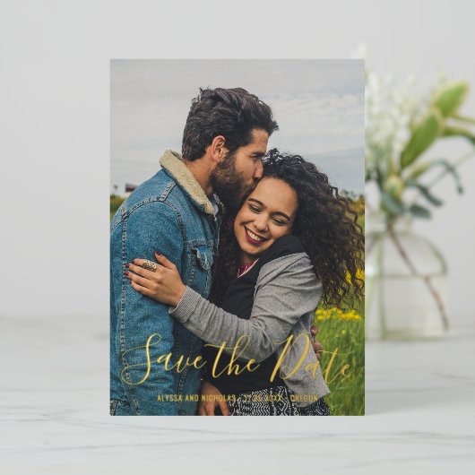 Invitation En Aluminium Élégant Mariage Photo Moderne Enregistrer La Date (Debout devant)
