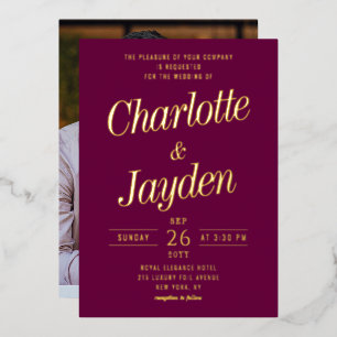 Invitation En Aluminium Élégant Mariage Photo Script Mauve Feuille