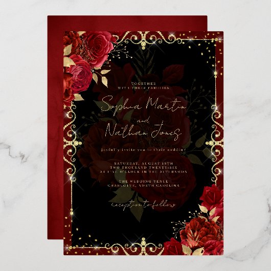 Invitation En Aluminium Élégant Mariage Rose Royal Red Gold (Recto/Verso)