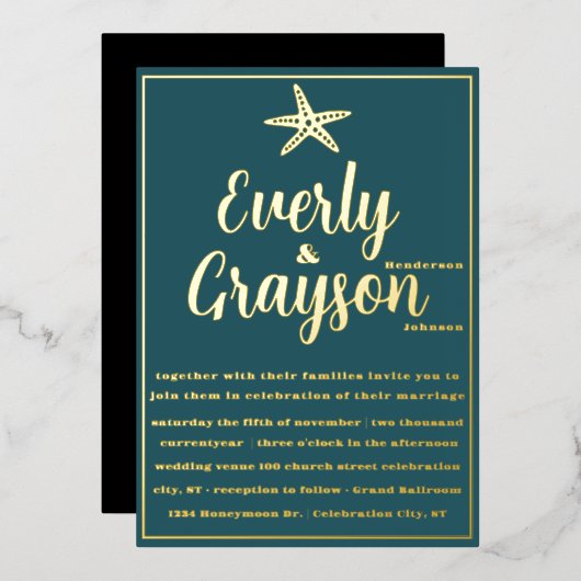 Invitation En Aluminium Elégant Mariage Starfish Turquoise et Gold Beach (Recto/Verso)