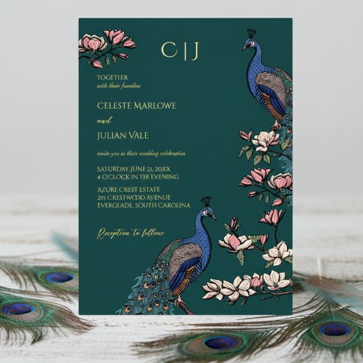 Invitation En Aluminium Élégant Mariage Turquoise de Peacock Floral