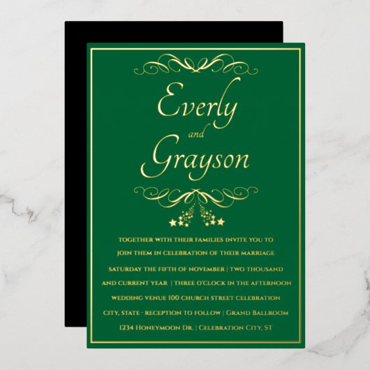 Invitation En Aluminium Élégant Mariage vert et or de la forêt (Recto/Verso)