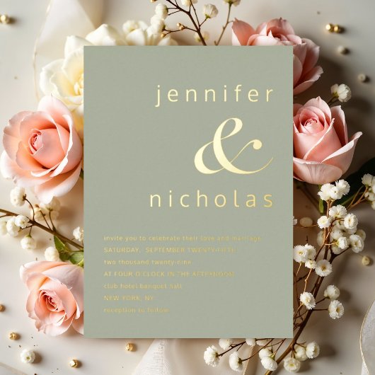 Invitation En Aluminium Élégant Mariage Vert Sauge Or Ampersand