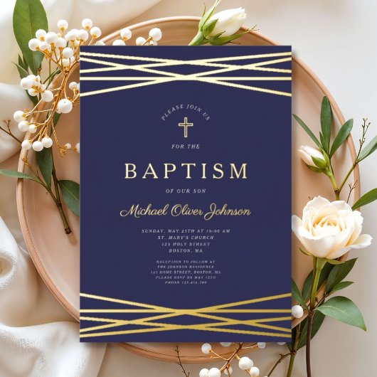 Invitation En Aluminium Elégant Marine Bleu Boy Baptism Or