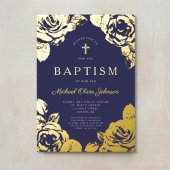 Invitation En Aluminium Elégant Marine Bleu Floral Boy Baptism Or