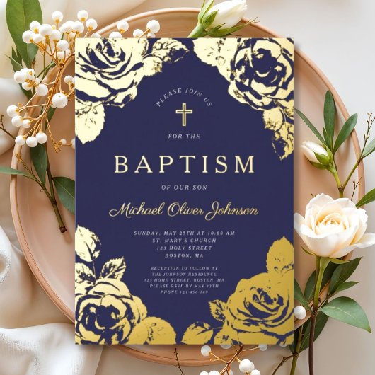 Invitation En Aluminium Elégant Marine Bleu Floral Boy Baptism Or