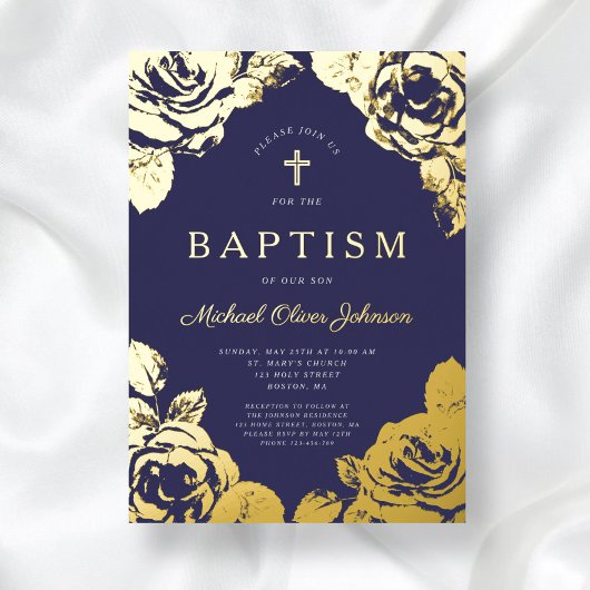 Invitation En Aluminium Elégant Marine Bleu Floral Boy Baptism Or