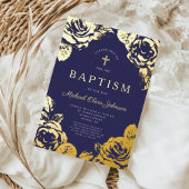 Invitation En Aluminium Elégant Marine Bleu Floral Boy Baptism Or